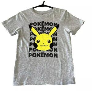 Pikachu Pokemon Flip Sequins Youth Size M Unisex Short Sleeve Heather Gray